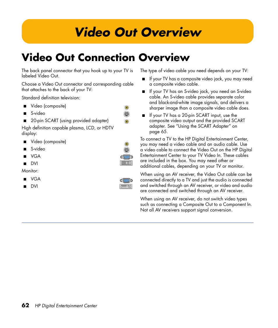 Video out overview, Video out connection overview | HP 2000491 User Manual | Page 68 / 180