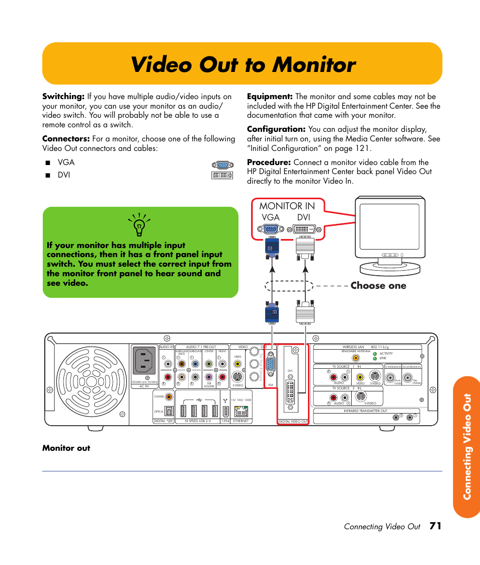 Video out to monitor, 71 connecting v ideo out, Choose one | Monitor in, Connecting video out | HP 2000491 User Manual | Page 77 / 180