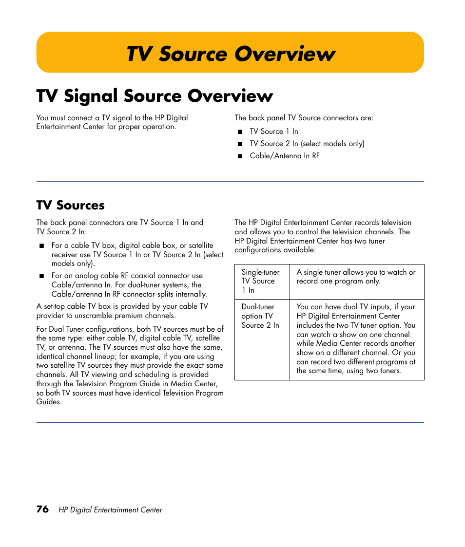 Tv source overview, Tv signal source overview, Tv sources | HP 2000491 User Manual | Page 82 / 180