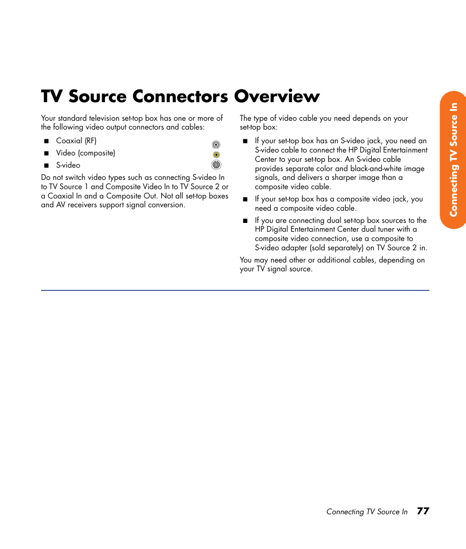 Tv source connectors overview | HP 2000491 User Manual | Page 83 / 180