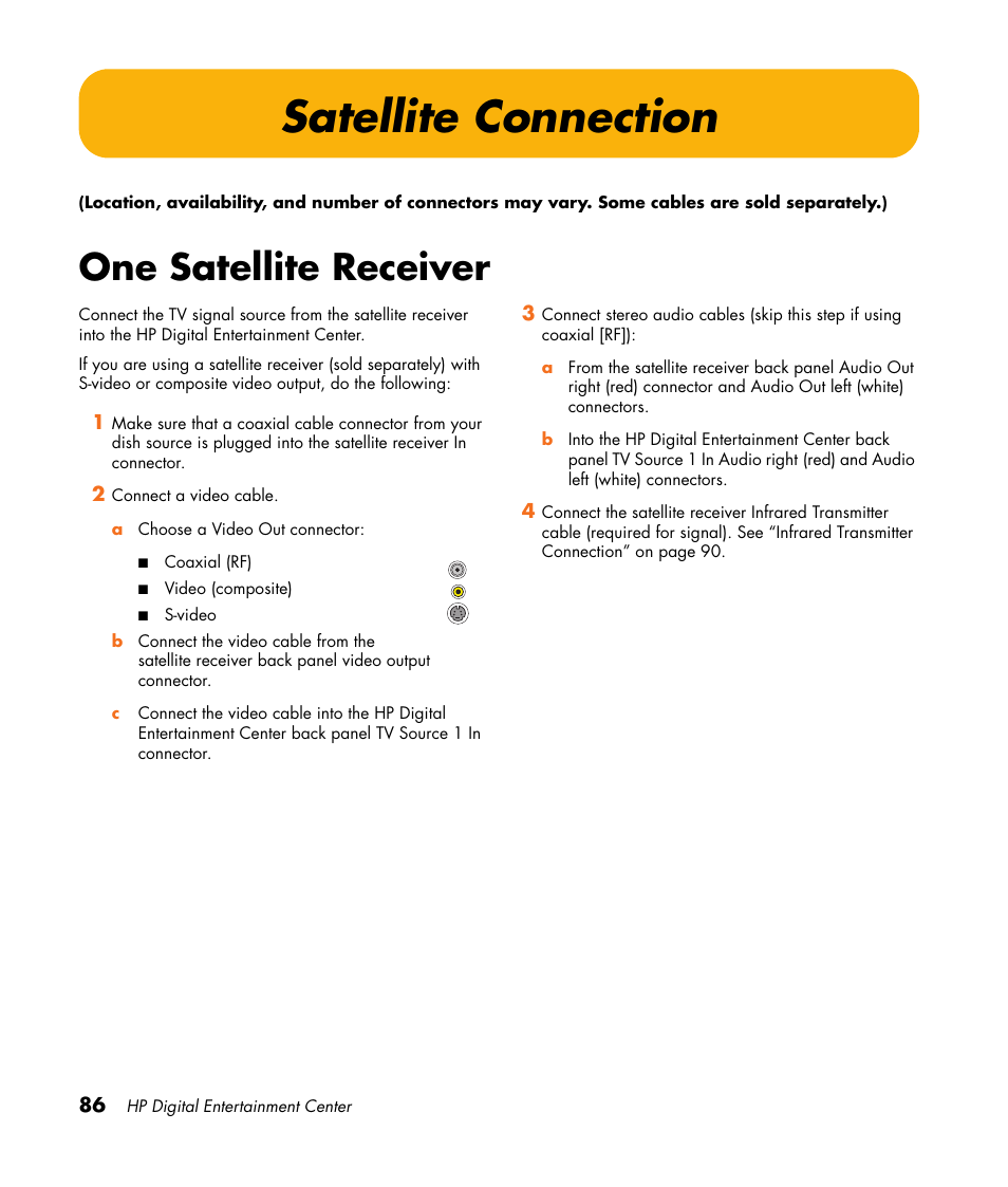 Satellite connection, One satellite receiver | HP 2000491 User Manual | Page 92 / 180