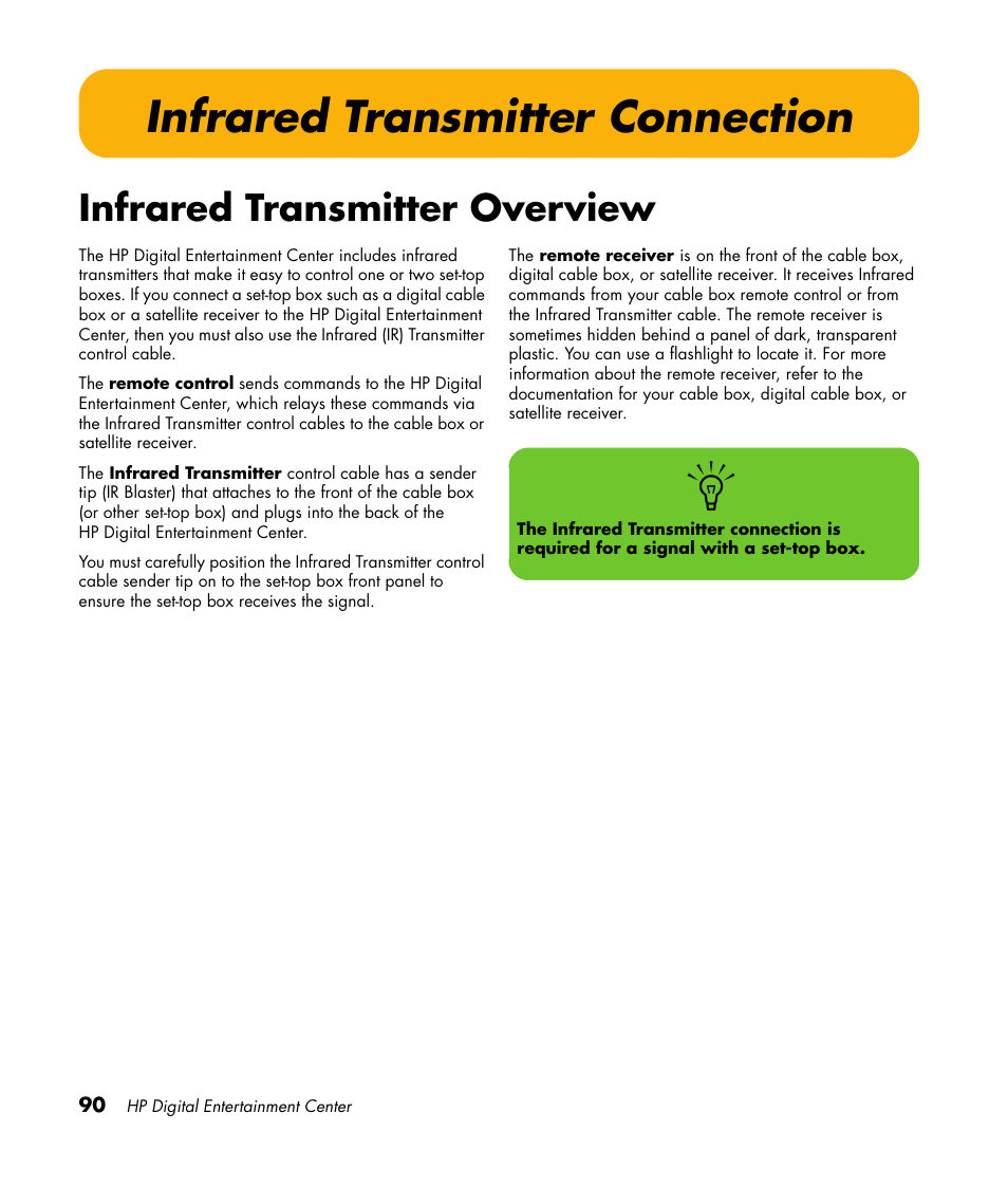 Infrared transmitter connection, Infrared transmitter overview | HP 2000491 User Manual | Page 96 / 180