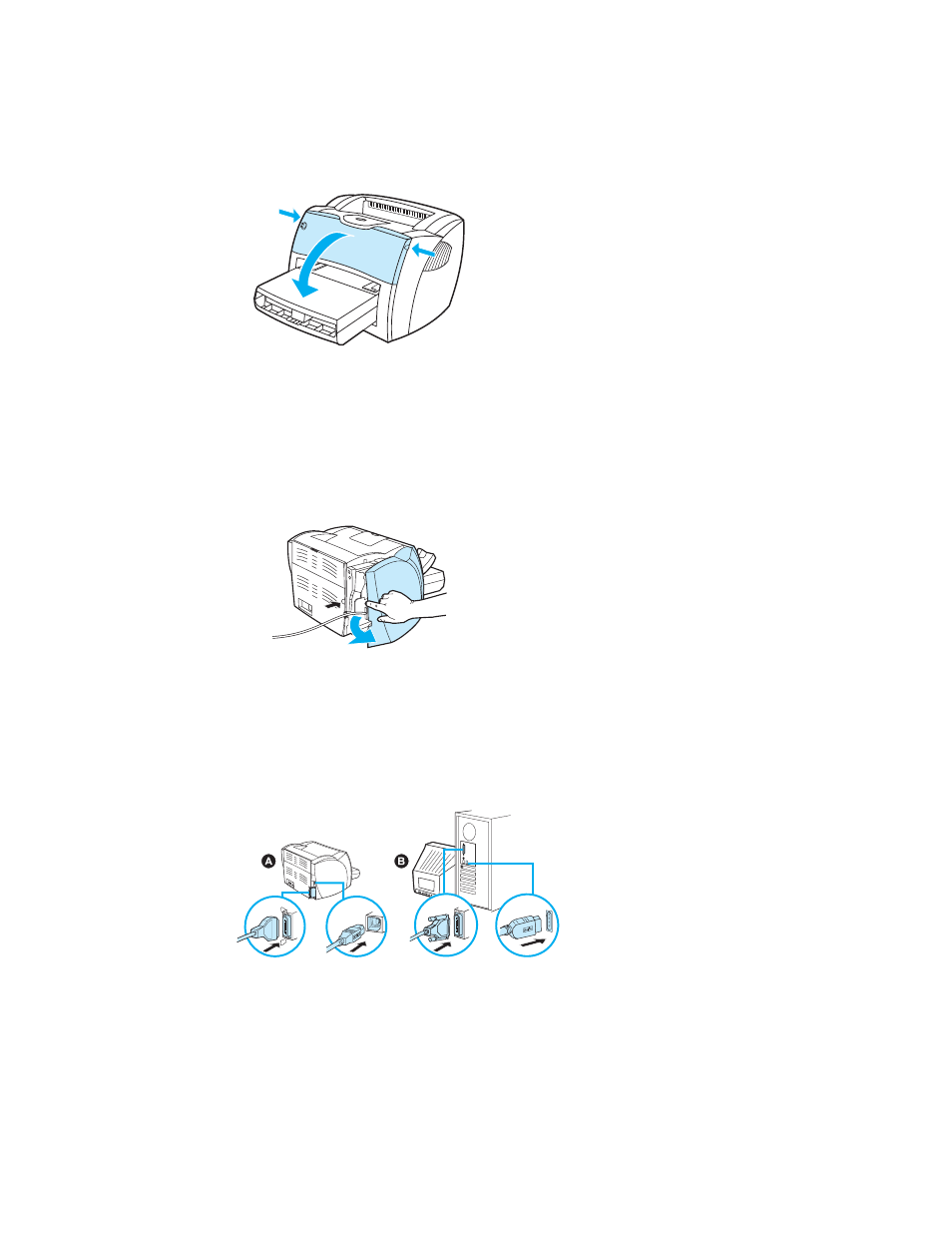 Open the print cartridge door, Remove the left cover, Connect the printer cable | HP 1005 Series User Manual | Page 12 / 96