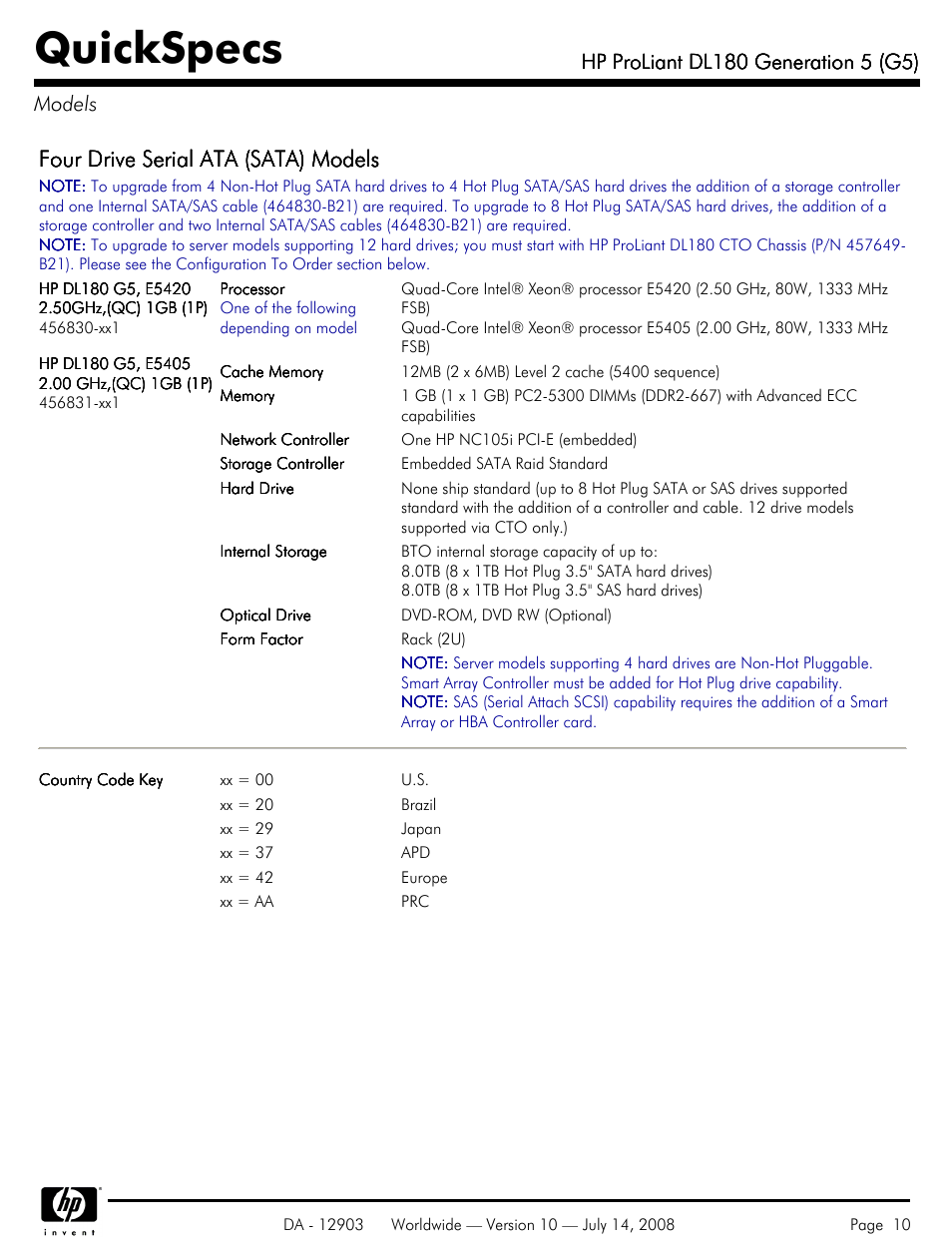 Models, Quickspecs, Four drive serial ata (sata) models | HP ProLiant DL180 G5 User Manual | Page 10 / 31