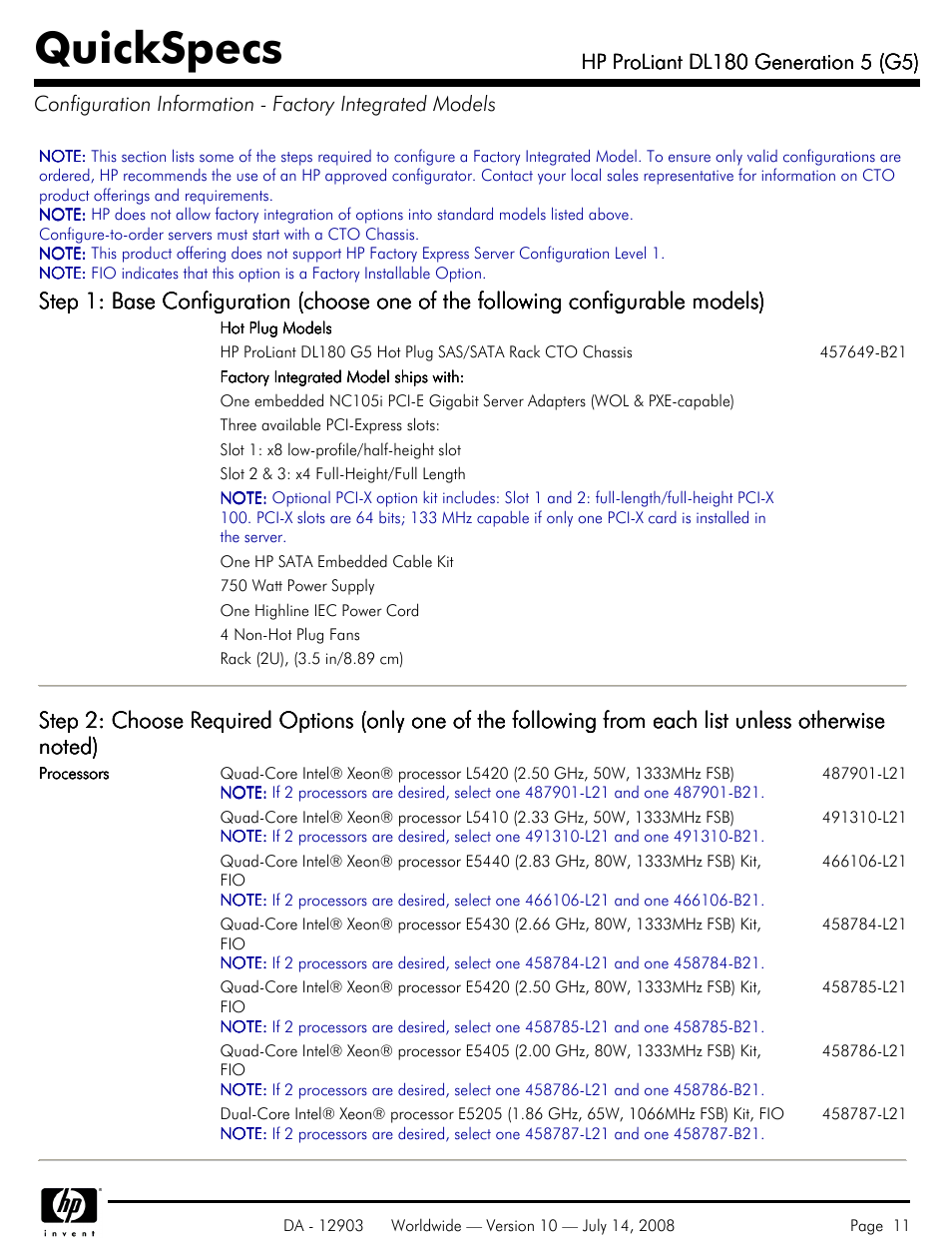Quickspecs | HP ProLiant DL180 G5 User Manual | Page 11 / 31