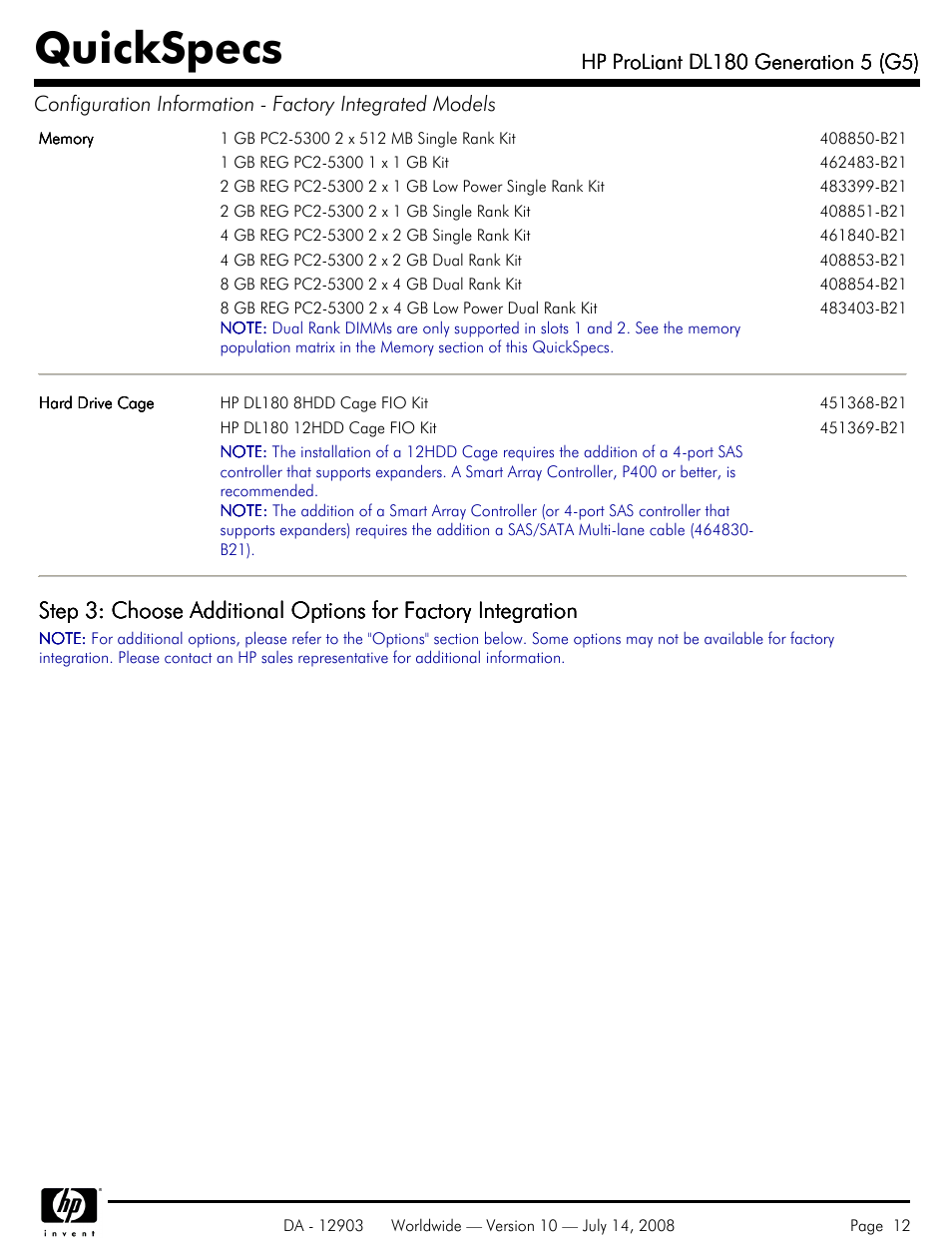 Quickspecs | HP ProLiant DL180 G5 User Manual | Page 12 / 31