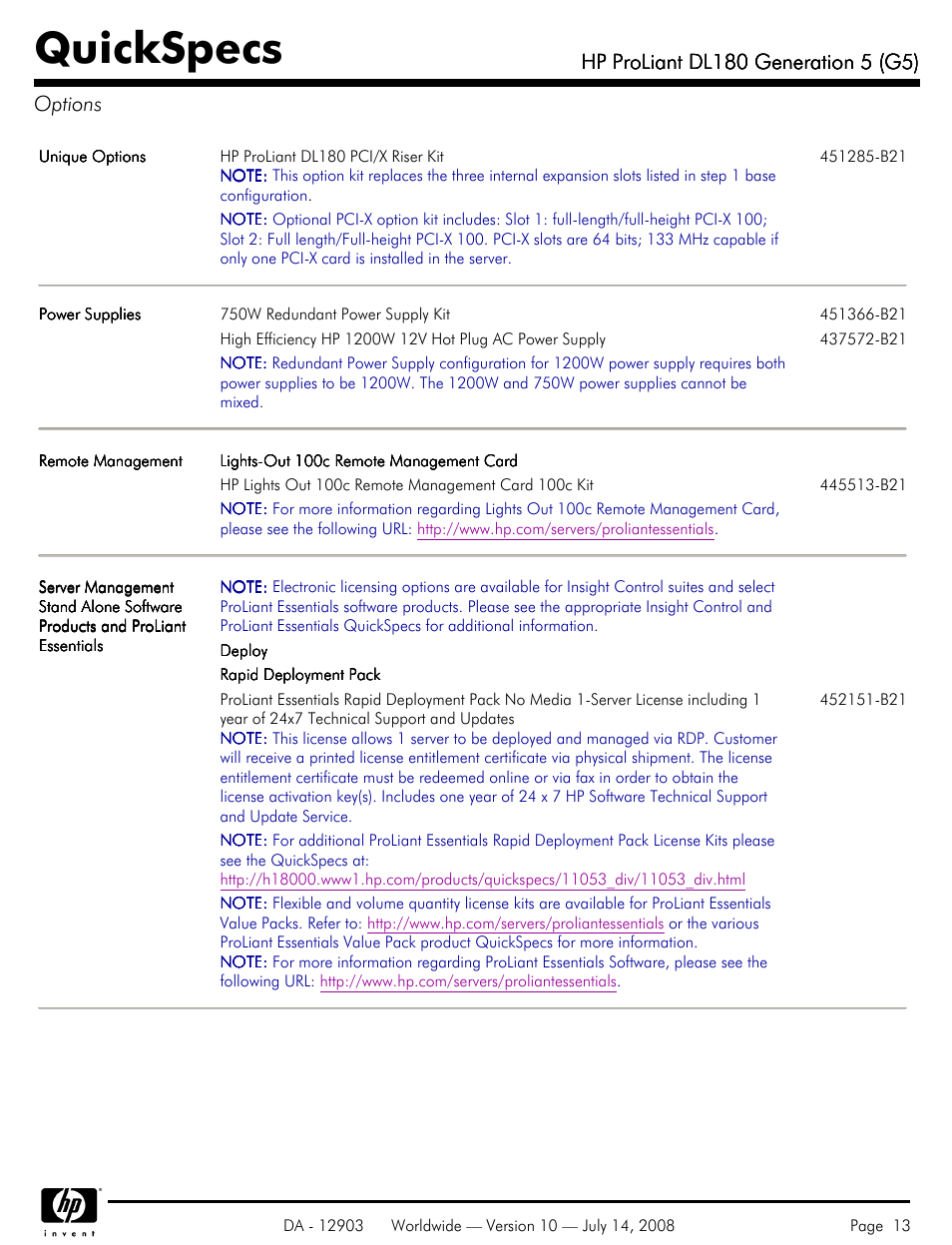 Options, Quickspecs | HP ProLiant DL180 G5 User Manual | Page 13 / 31