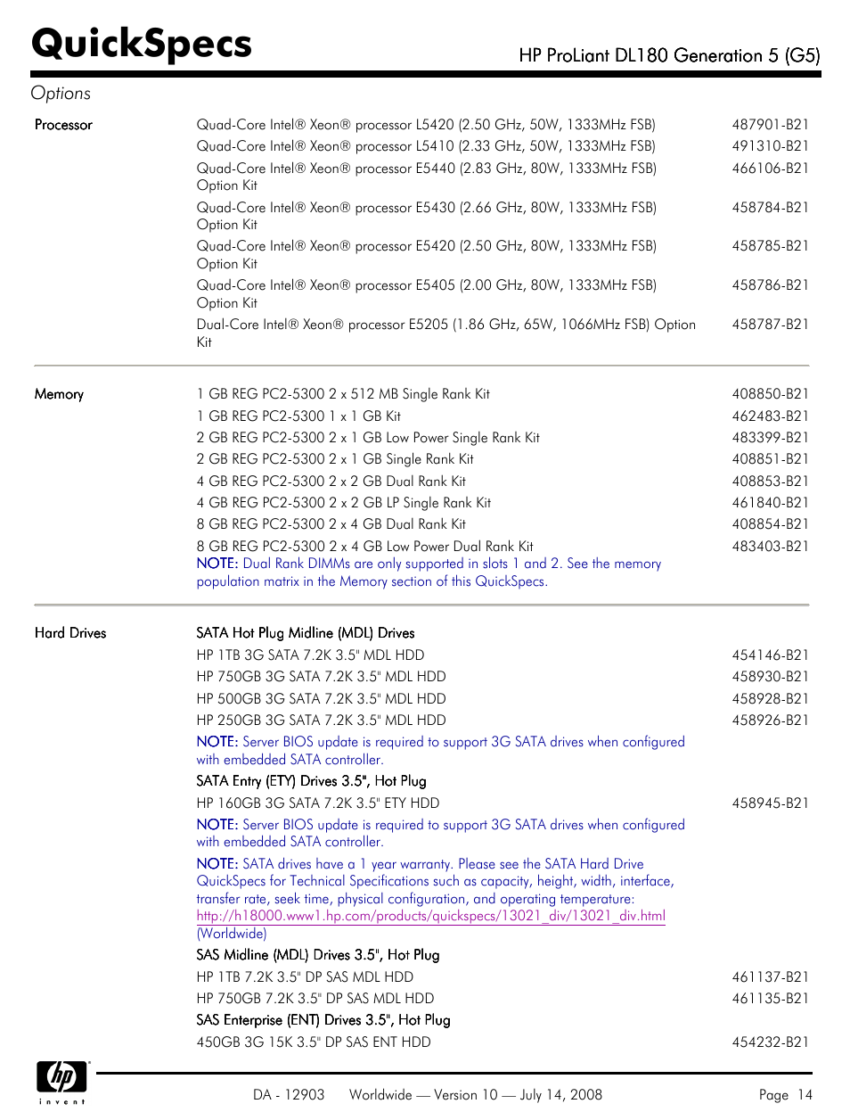 Quickspecs | HP ProLiant DL180 G5 User Manual | Page 14 / 31