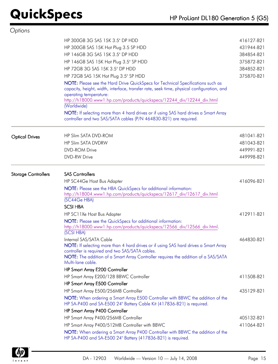 Quickspecs | HP ProLiant DL180 G5 User Manual | Page 15 / 31