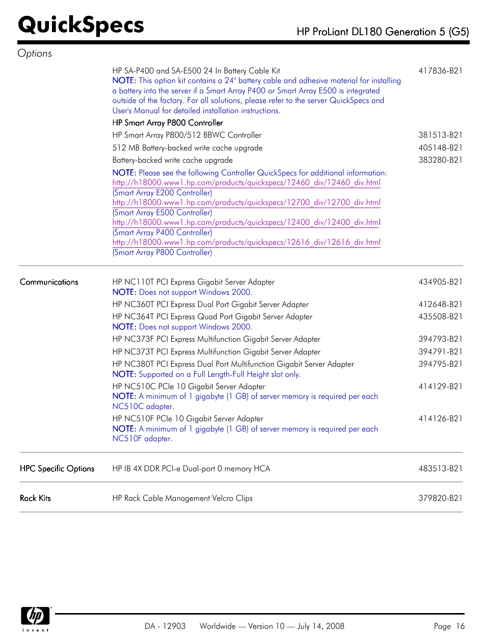 Quickspecs | HP ProLiant DL180 G5 User Manual | Page 16 / 31