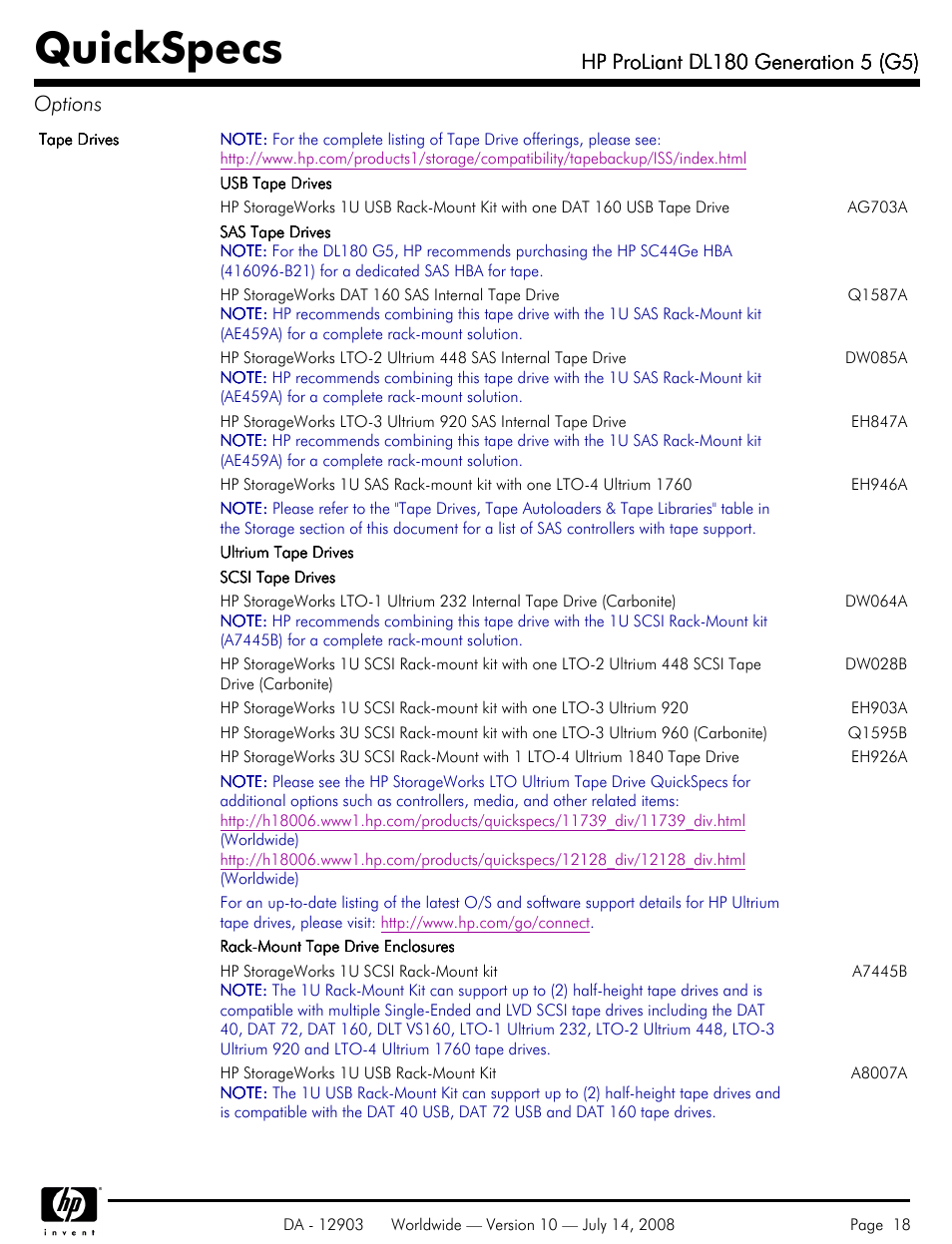 Quickspecs | HP ProLiant DL180 G5 User Manual | Page 18 / 31