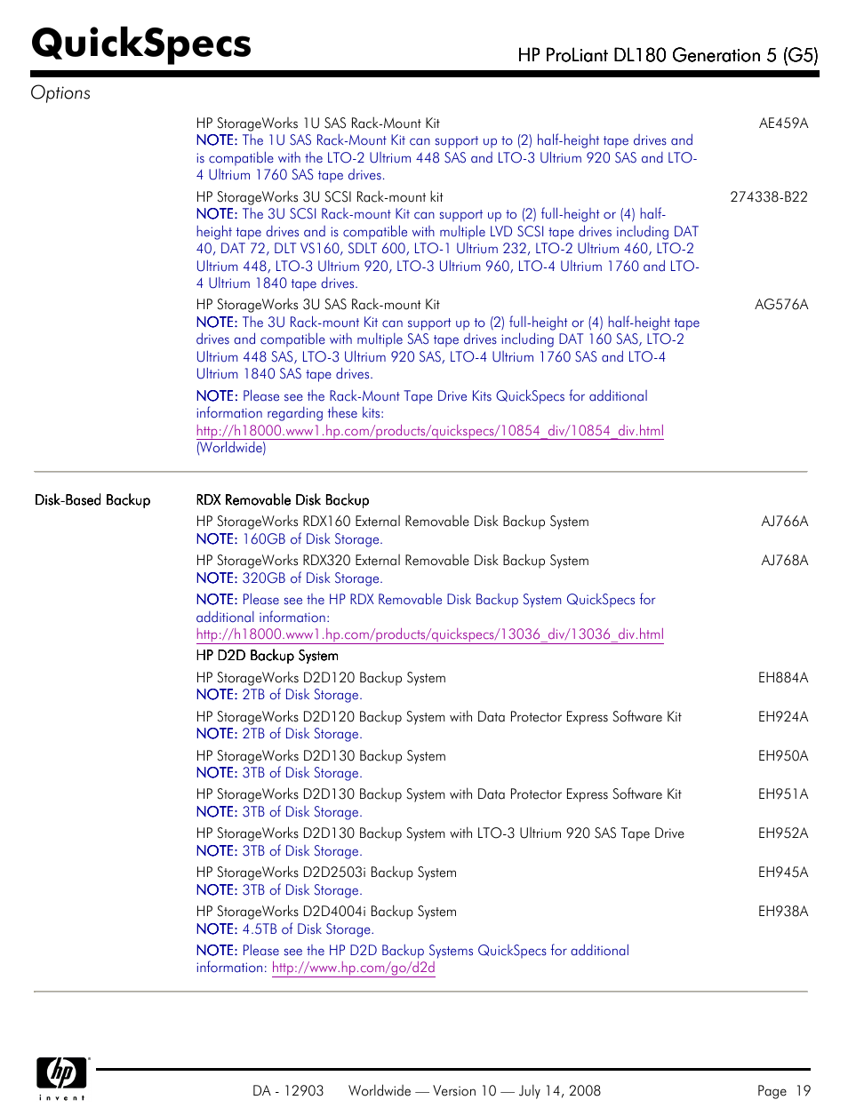Quickspecs | HP ProLiant DL180 G5 User Manual | Page 19 / 31