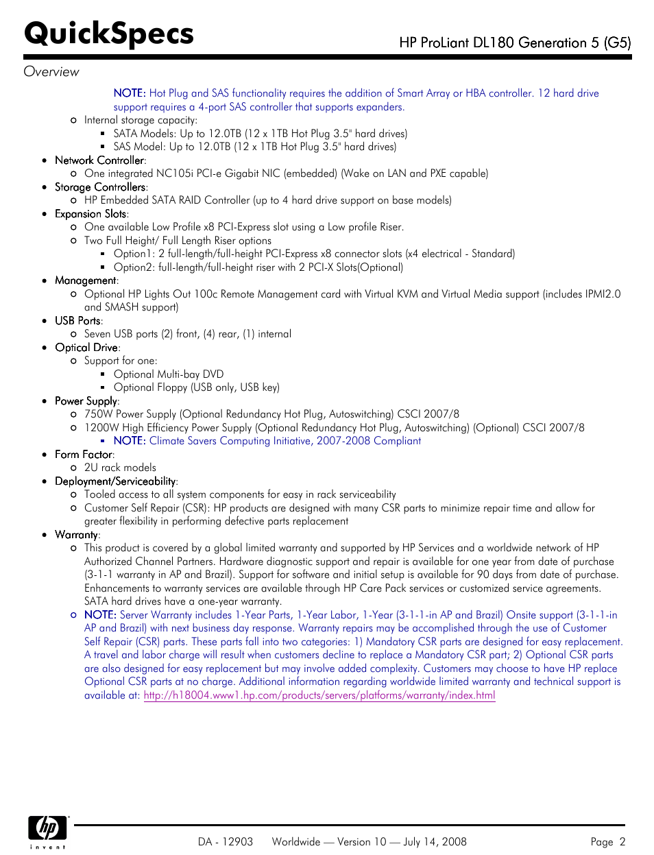 Quickspecs | HP ProLiant DL180 G5 User Manual | Page 2 / 31