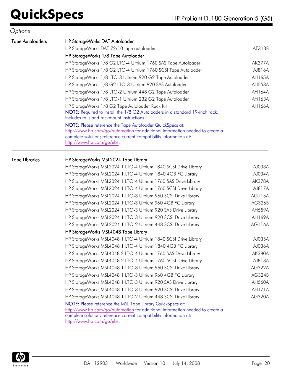 Quickspecs | HP ProLiant DL180 G5 User Manual | Page 20 / 31