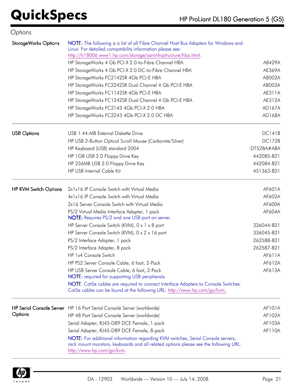 Quickspecs | HP ProLiant DL180 G5 User Manual | Page 21 / 31