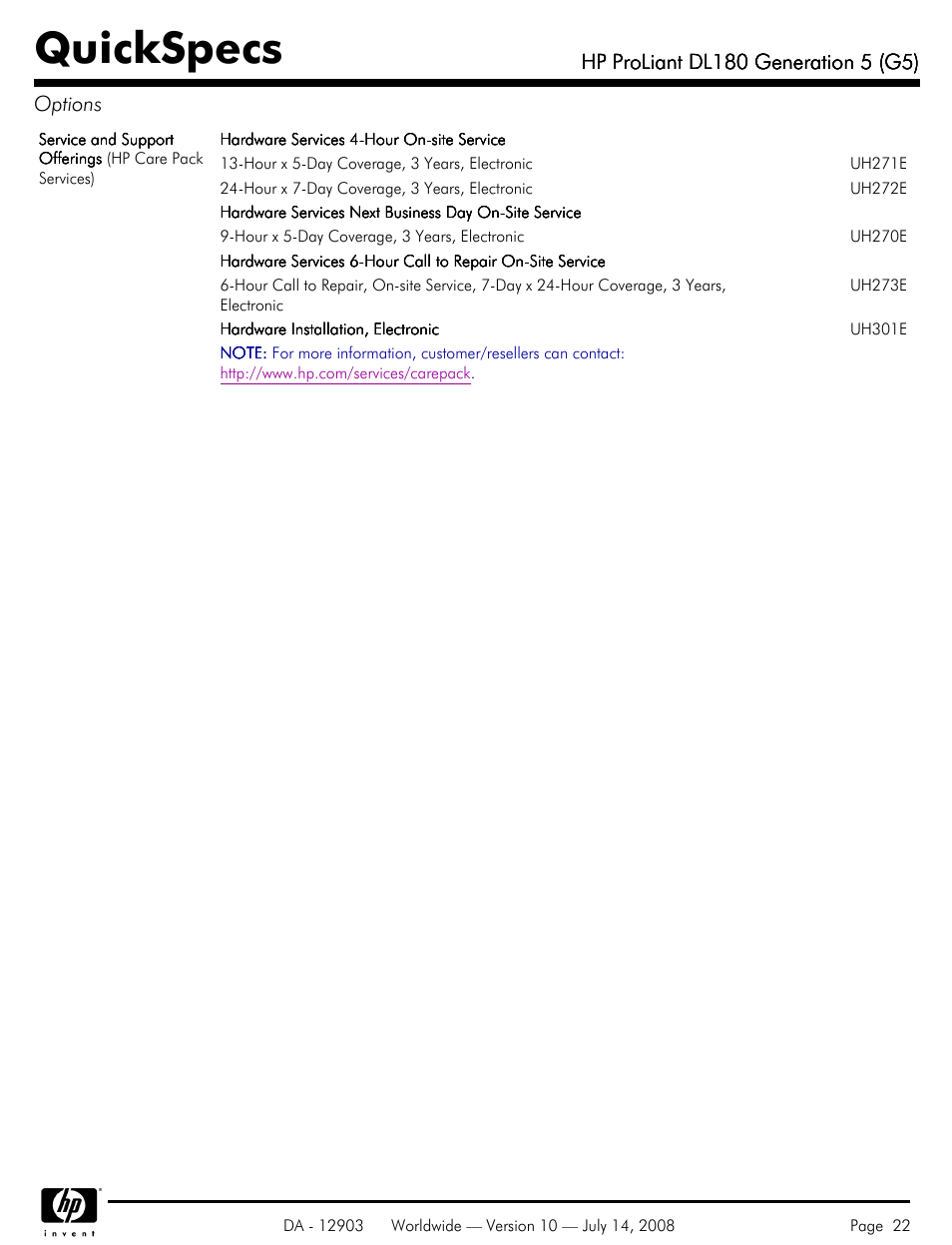 Quickspecs | HP ProLiant DL180 G5 User Manual | Page 22 / 31