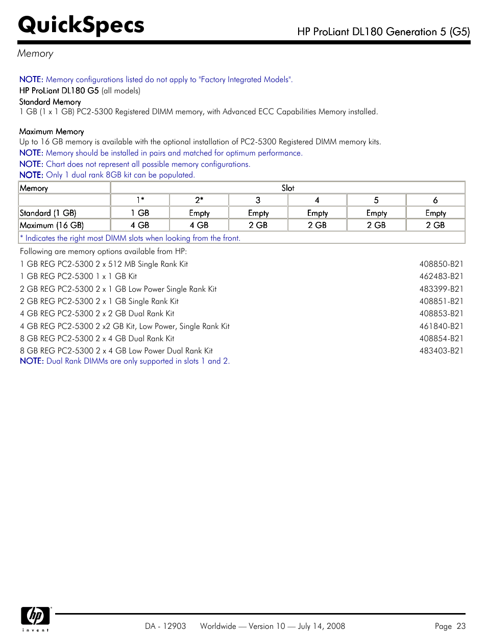 Memory, Quickspecs | HP ProLiant DL180 G5 User Manual | Page 23 / 31