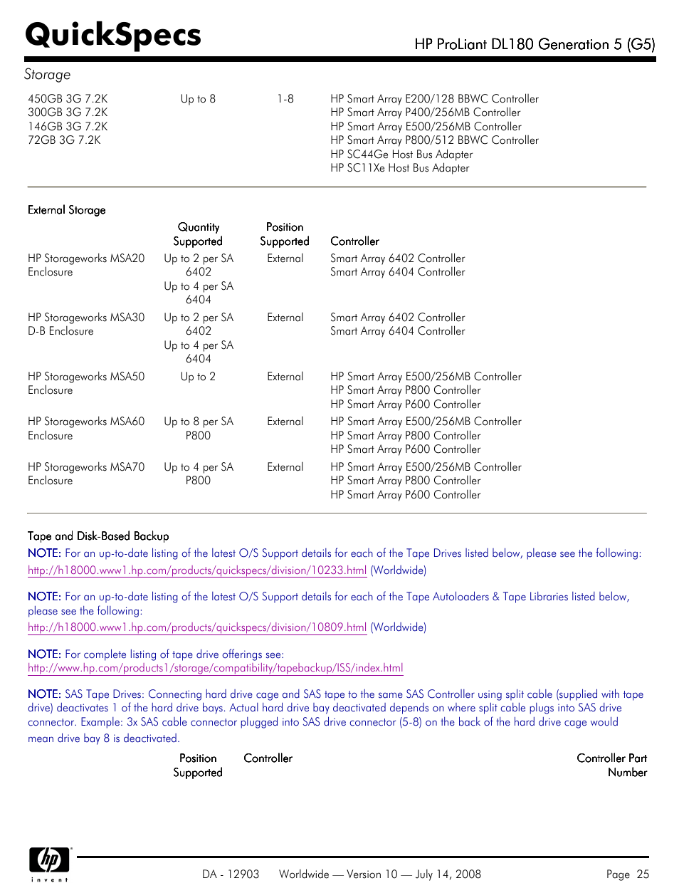 Quickspecs | HP ProLiant DL180 G5 User Manual | Page 25 / 31