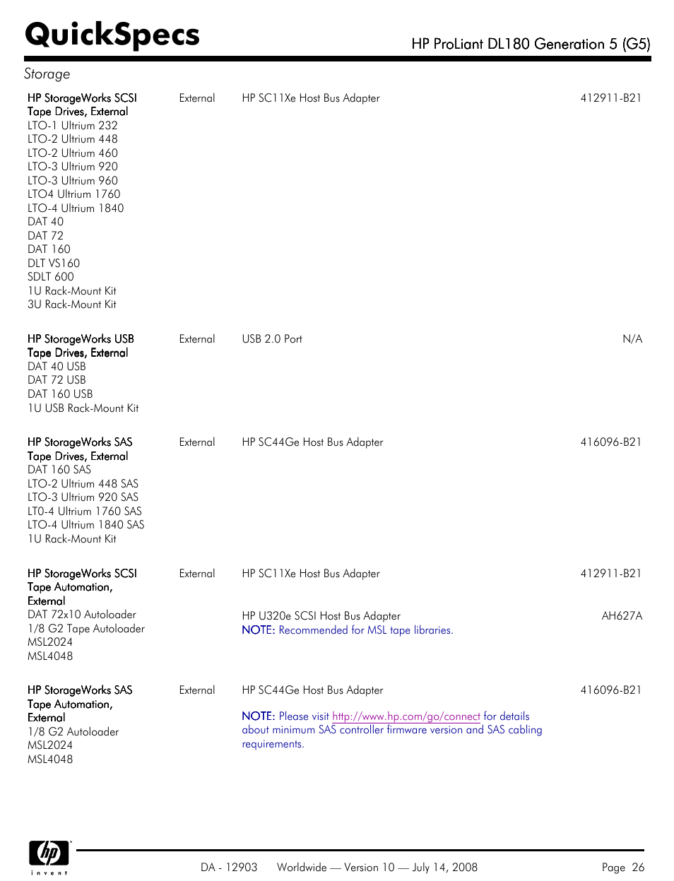 Quickspecs | HP ProLiant DL180 G5 User Manual | Page 26 / 31