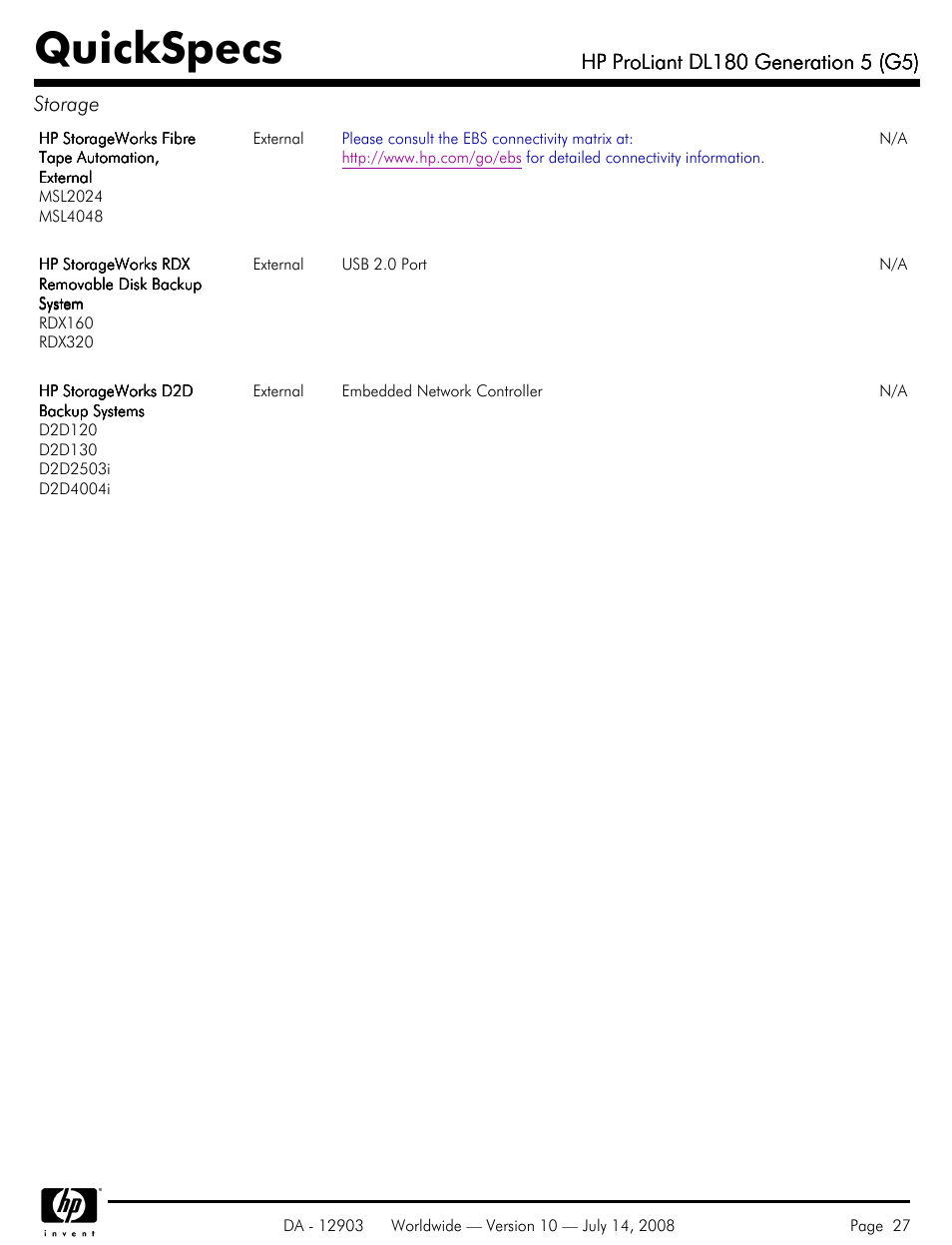 Quickspecs | HP ProLiant DL180 G5 User Manual | Page 27 / 31