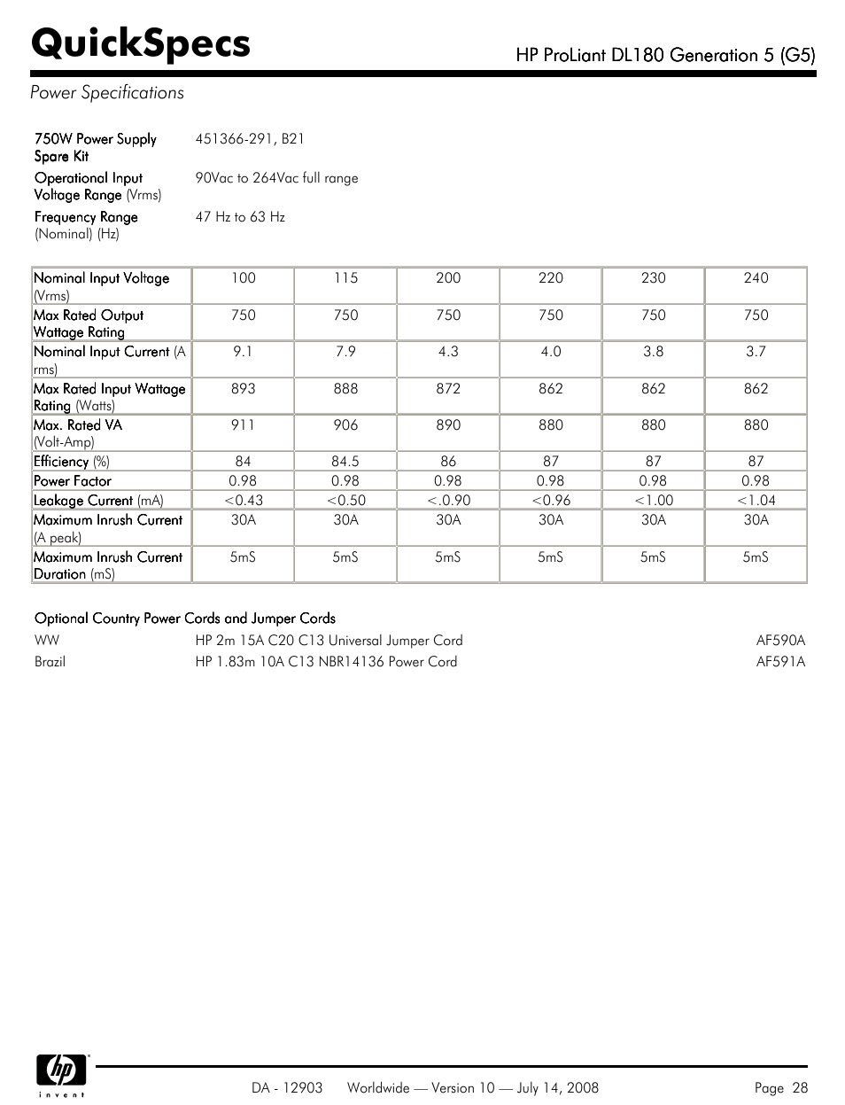 Power specifications, Quickspecs | HP ProLiant DL180 G5 User Manual | Page 28 / 31