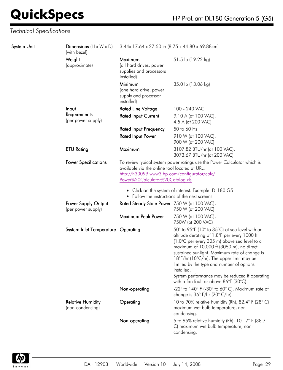 Technical specifications, Quickspecs | HP ProLiant DL180 G5 User Manual | Page 29 / 31