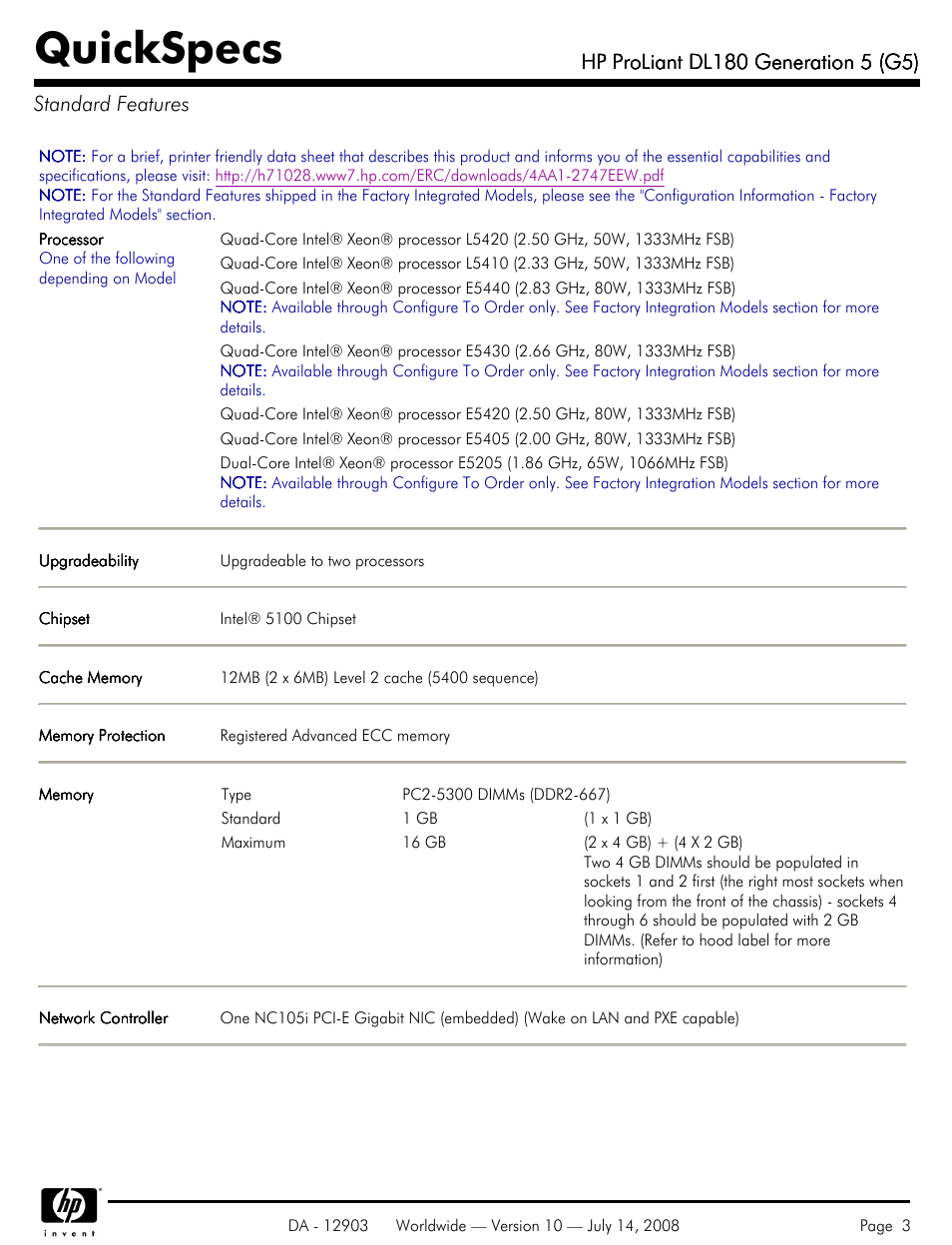 Standard features, Quickspecs | HP ProLiant DL180 G5 User Manual | Page 3 / 31