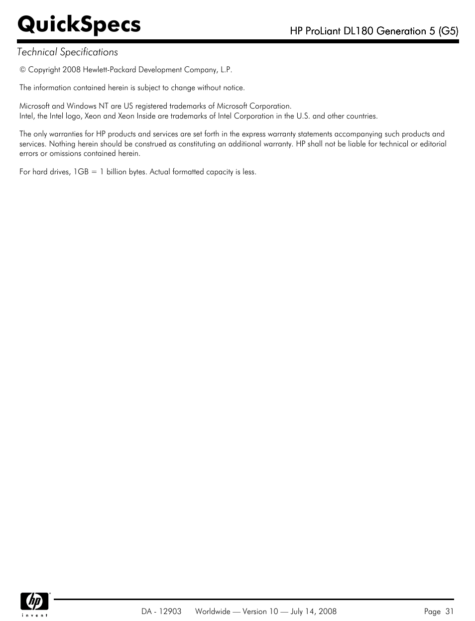 Quickspecs | HP ProLiant DL180 G5 User Manual | Page 31 / 31