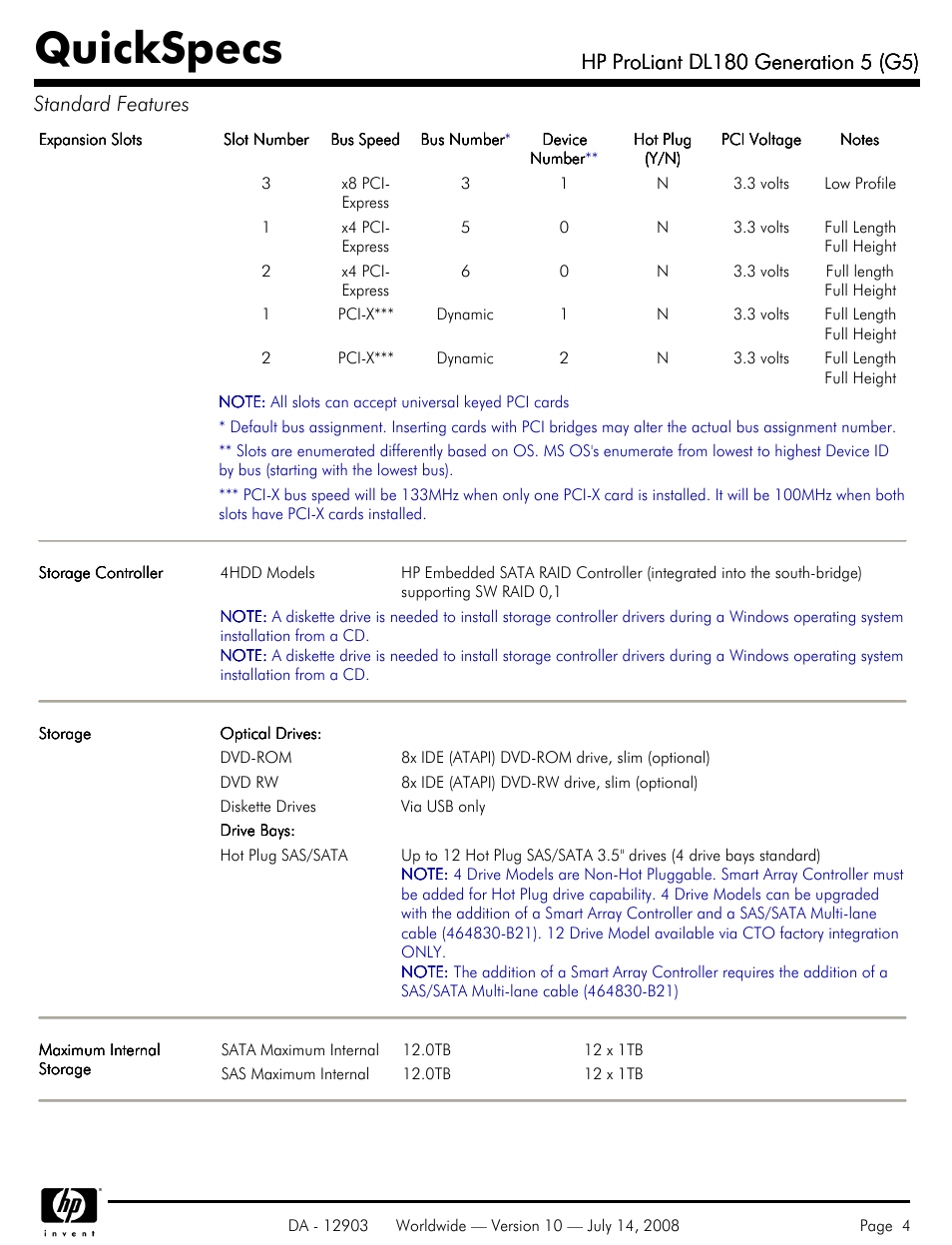 Quickspecs | HP ProLiant DL180 G5 User Manual | Page 4 / 31