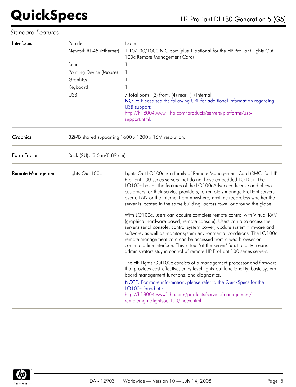 Quickspecs | HP ProLiant DL180 G5 User Manual | Page 5 / 31
