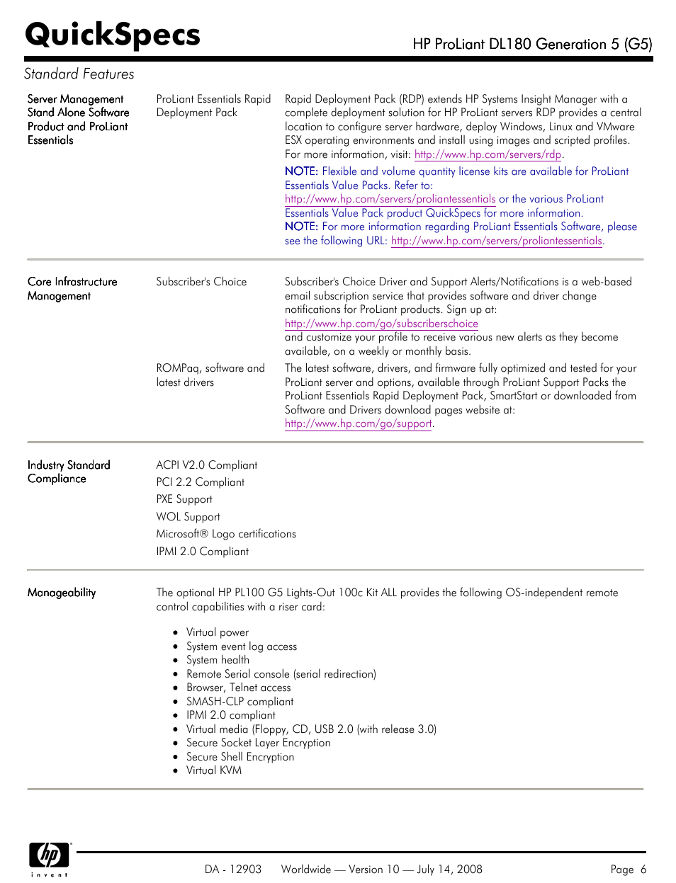 Quickspecs | HP ProLiant DL180 G5 User Manual | Page 6 / 31