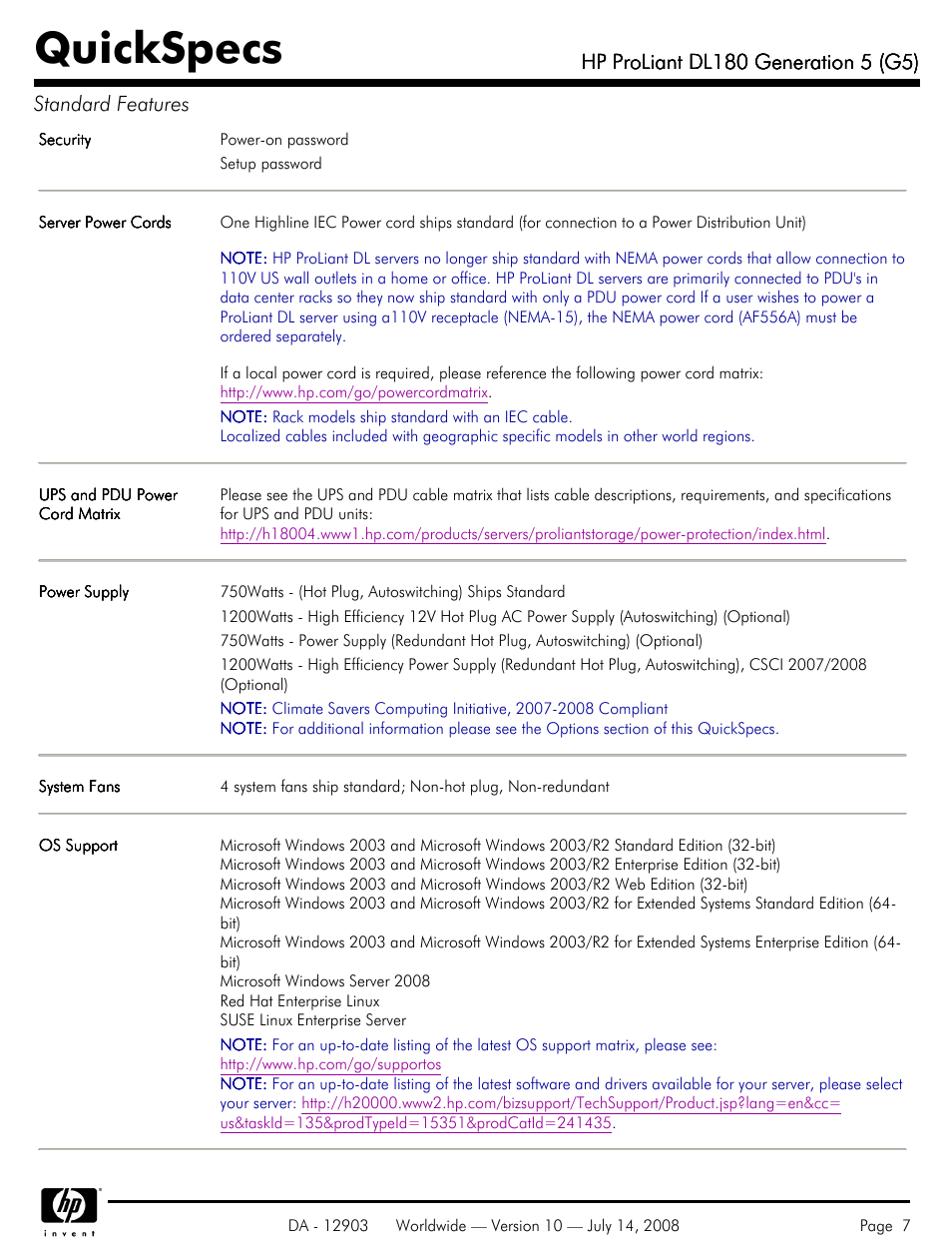 Quickspecs | HP ProLiant DL180 G5 User Manual | Page 7 / 31