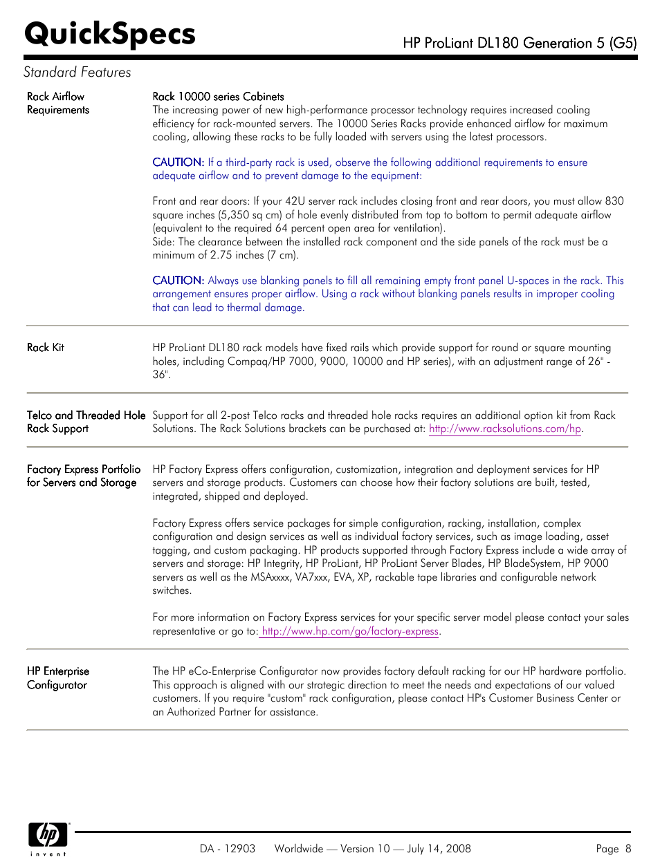 Quickspecs | HP ProLiant DL180 G5 User Manual | Page 8 / 31