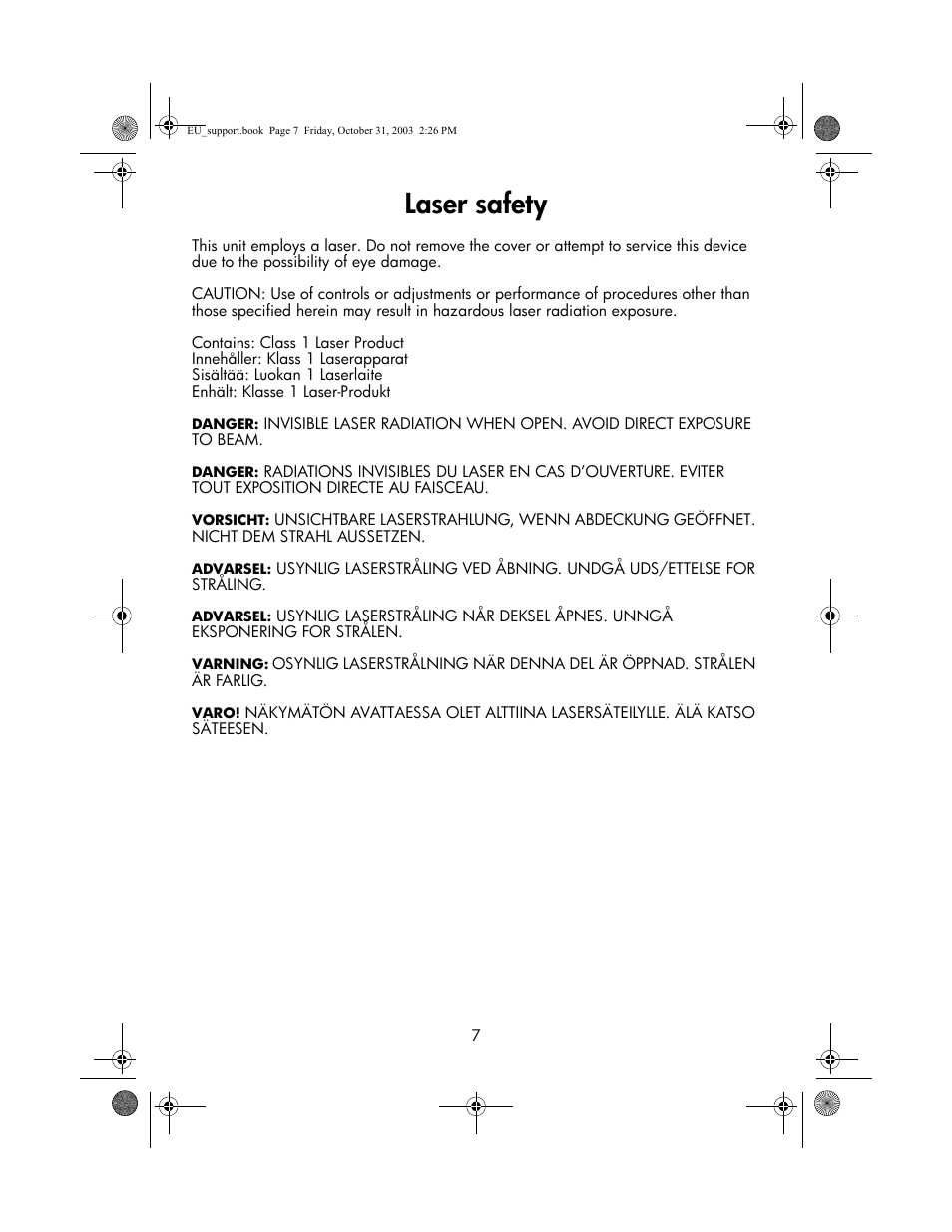 Laser safety | HP DVD Player User Manual | Page 9 / 9