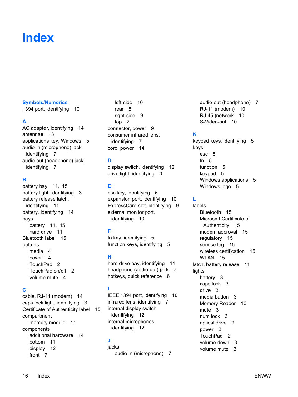 Index | HP V6115TU User Manual | Page 20 / 22