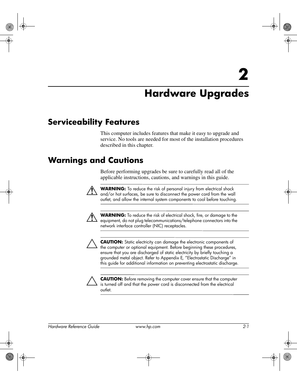 Hardware upgrades, Serviceability features, Warnings and cautions | 2 hardware upgrades | HP DC5100 User Manual | Page 11 / 58