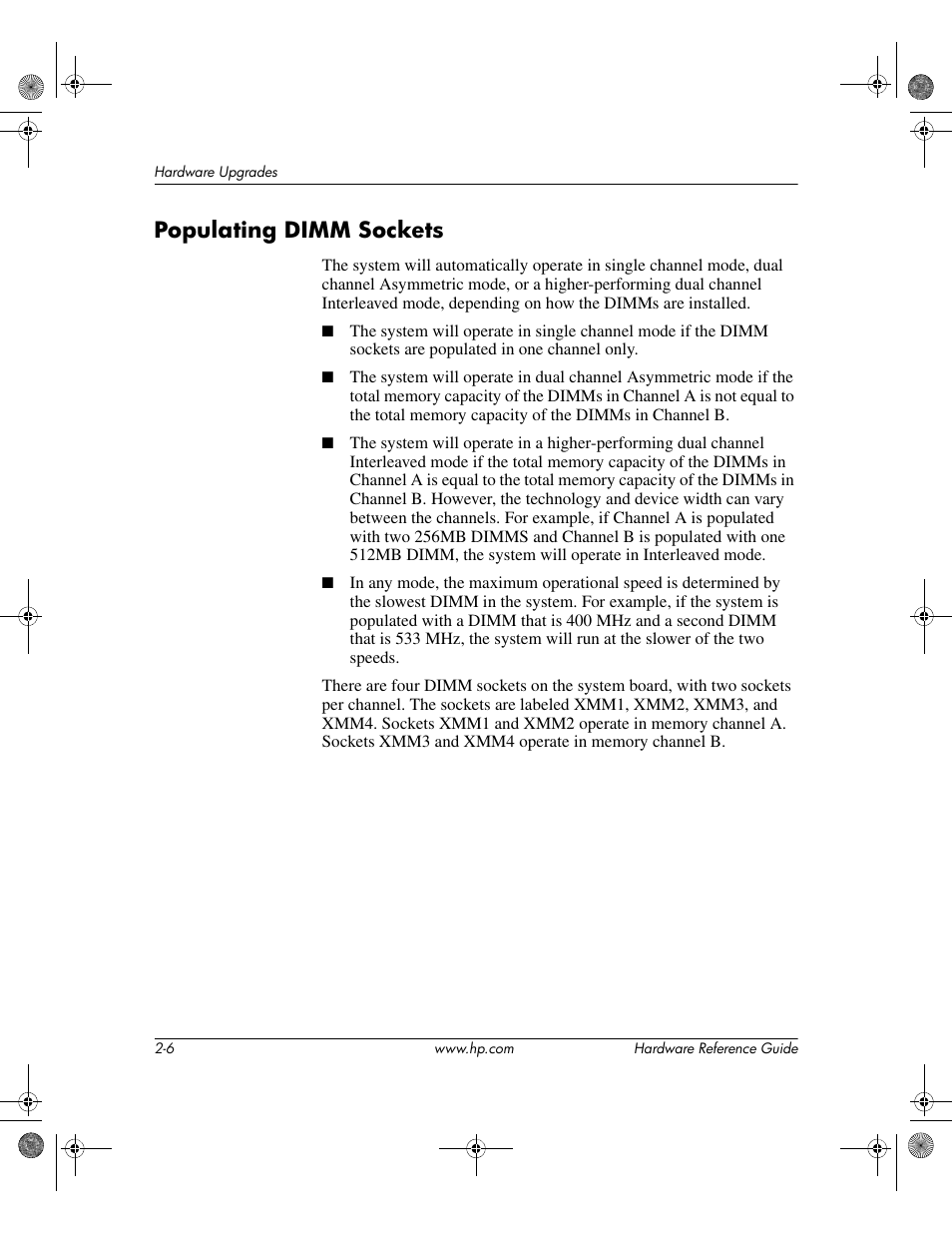 Populating dimm sockets, Populating dimm sockets –6 | HP DC5100 User Manual | Page 16 / 58