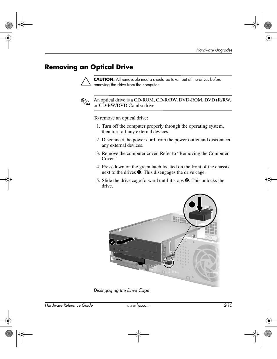 Removing an optical drive, Removing an optical drive –15 | HP DC5100 User Manual | Page 25 / 58