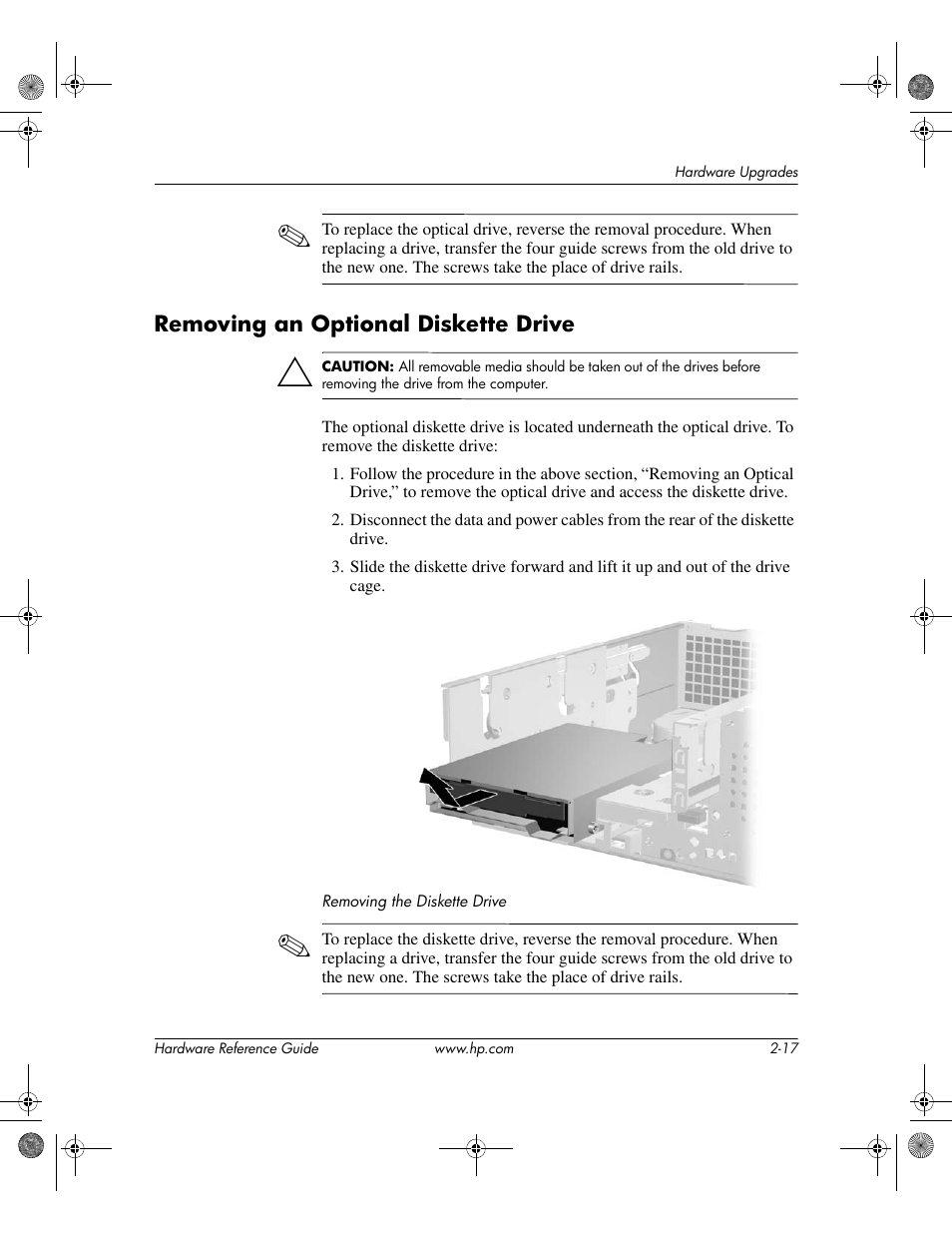 Removing an optional diskette drive, Removing an optional diskette drive –17 | HP DC5100 User Manual | Page 27 / 58