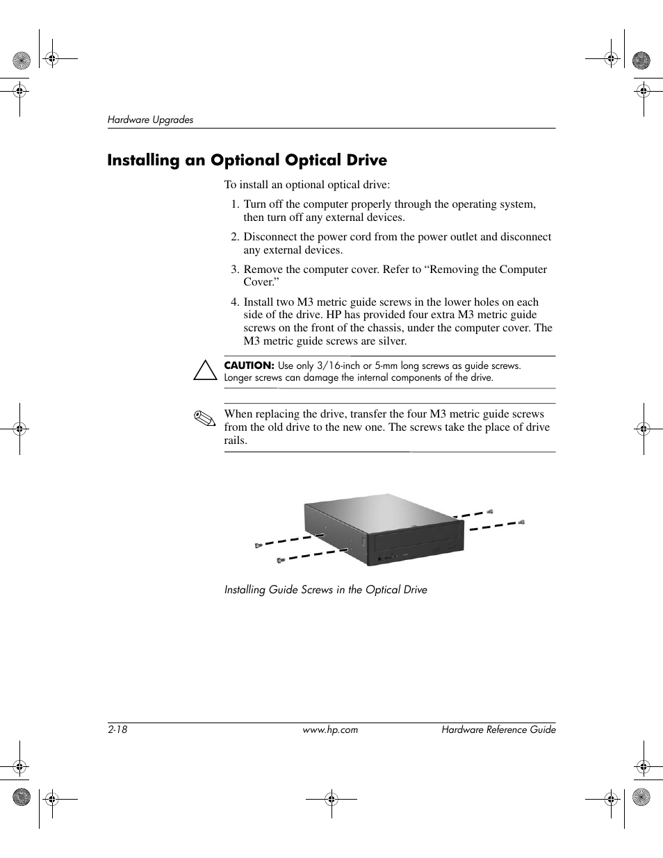 Installing an optional optical drive, Installing an optional optical drive –18 | HP DC5100 User Manual | Page 28 / 58