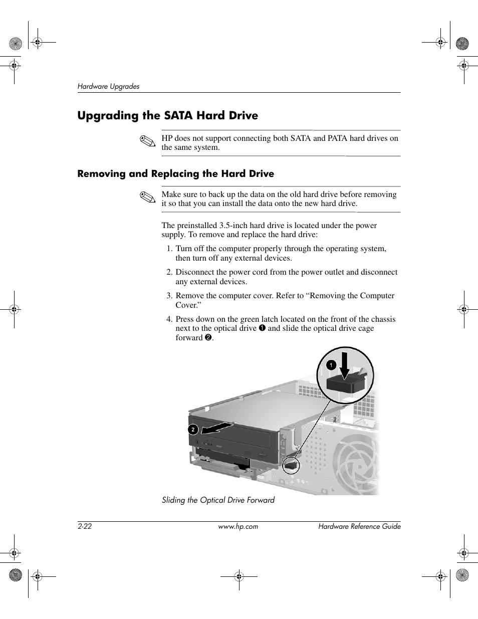 Upgrading the sata hard drive, Upgrading the sata hard drive –22 | HP DC5100 User Manual | Page 32 / 58