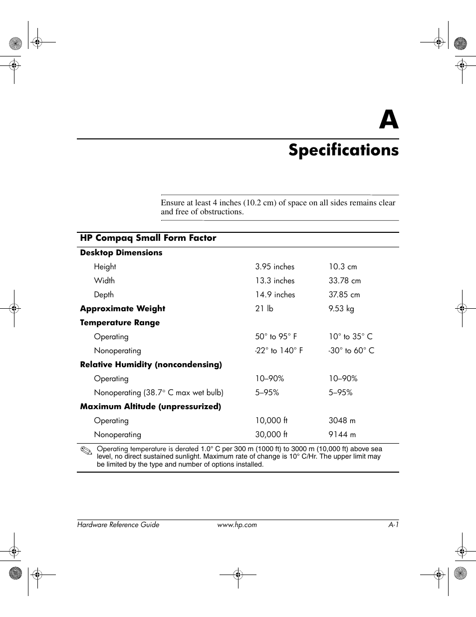 Specifications, A specifications | HP DC5100 User Manual | Page 39 / 58