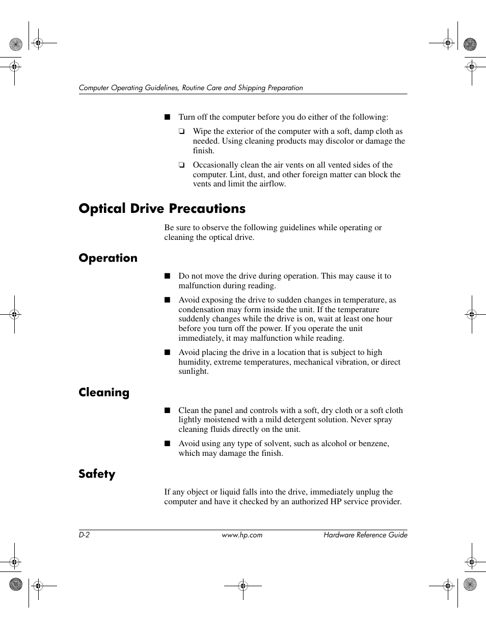 Optical drive precautions, Operation, Cleaning | Safety | HP DC5100 User Manual | Page 50 / 58