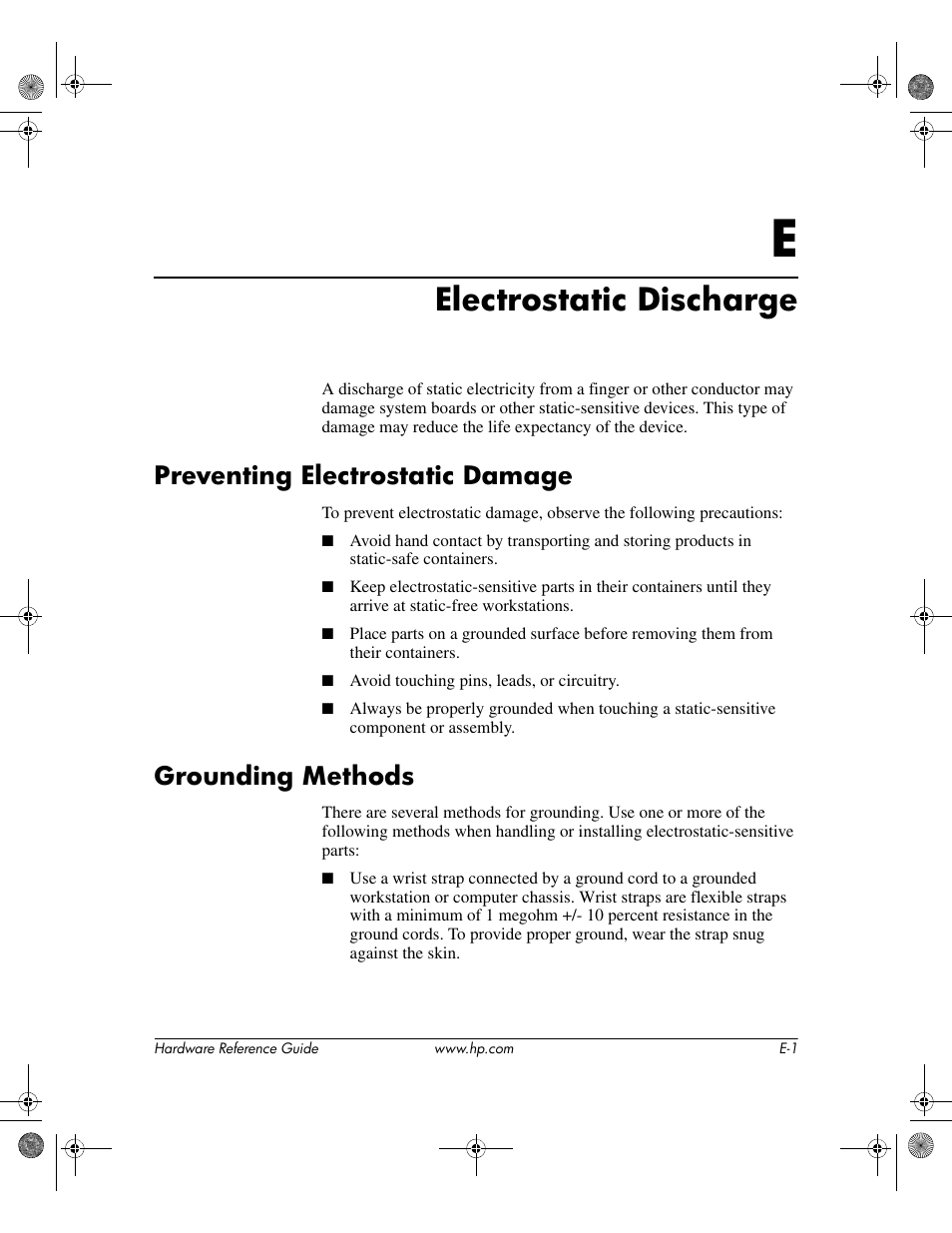 Electrostatic discharge, Preventing electrostatic damage, Grounding methods | E electrostatic discharge | HP DC5100 User Manual | Page 53 / 58