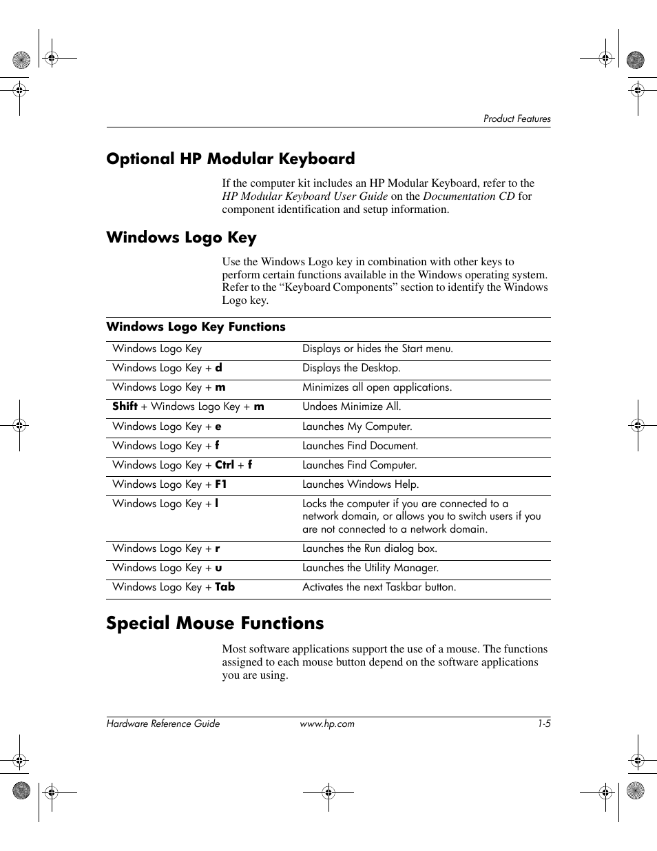Optional hp modular keyboard, Windows logo key, Special mouse functions | Special mouse functions –5 | HP DC5100 User Manual | Page 9 / 58