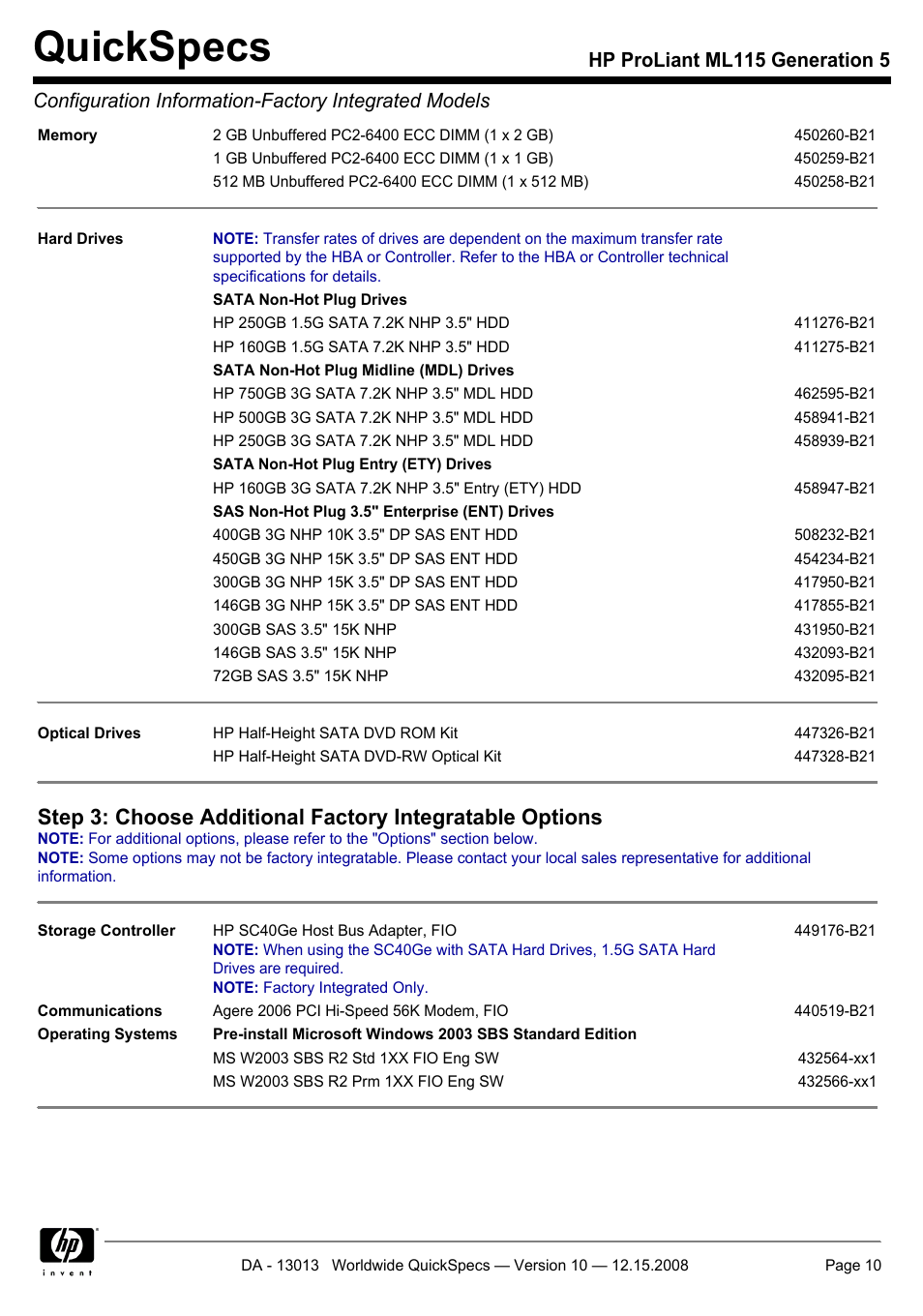 Quickspecs | HP ProLiant ML115 G5 User Manual | Page 10 / 26