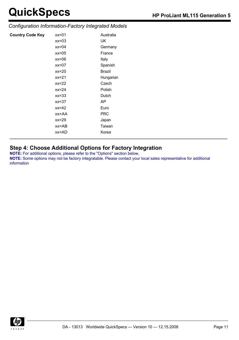 Quickspecs | HP ProLiant ML115 G5 User Manual | Page 11 / 26