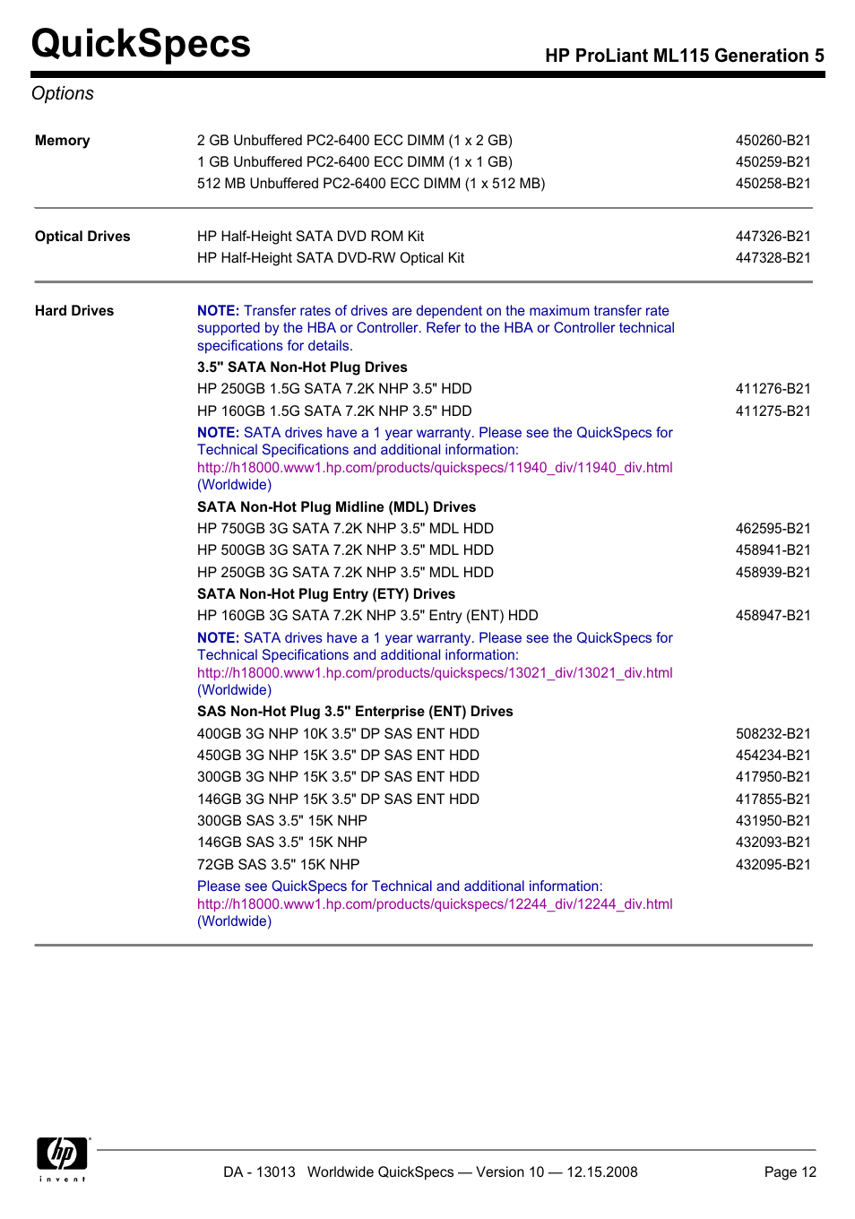 Options, Quickspecs, Hp proliant ml115 generation 5 options | HP ProLiant ML115 G5 User Manual | Page 12 / 26