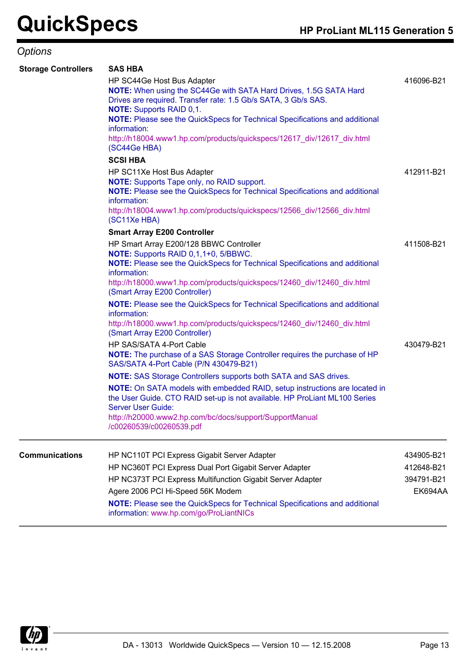 Quickspecs, Hp proliant ml115 generation 5 options | HP ProLiant ML115 G5 User Manual | Page 13 / 26
