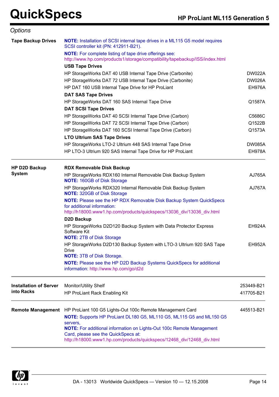 Quickspecs, Hp proliant ml115 generation 5 options | HP ProLiant ML115 G5 User Manual | Page 14 / 26